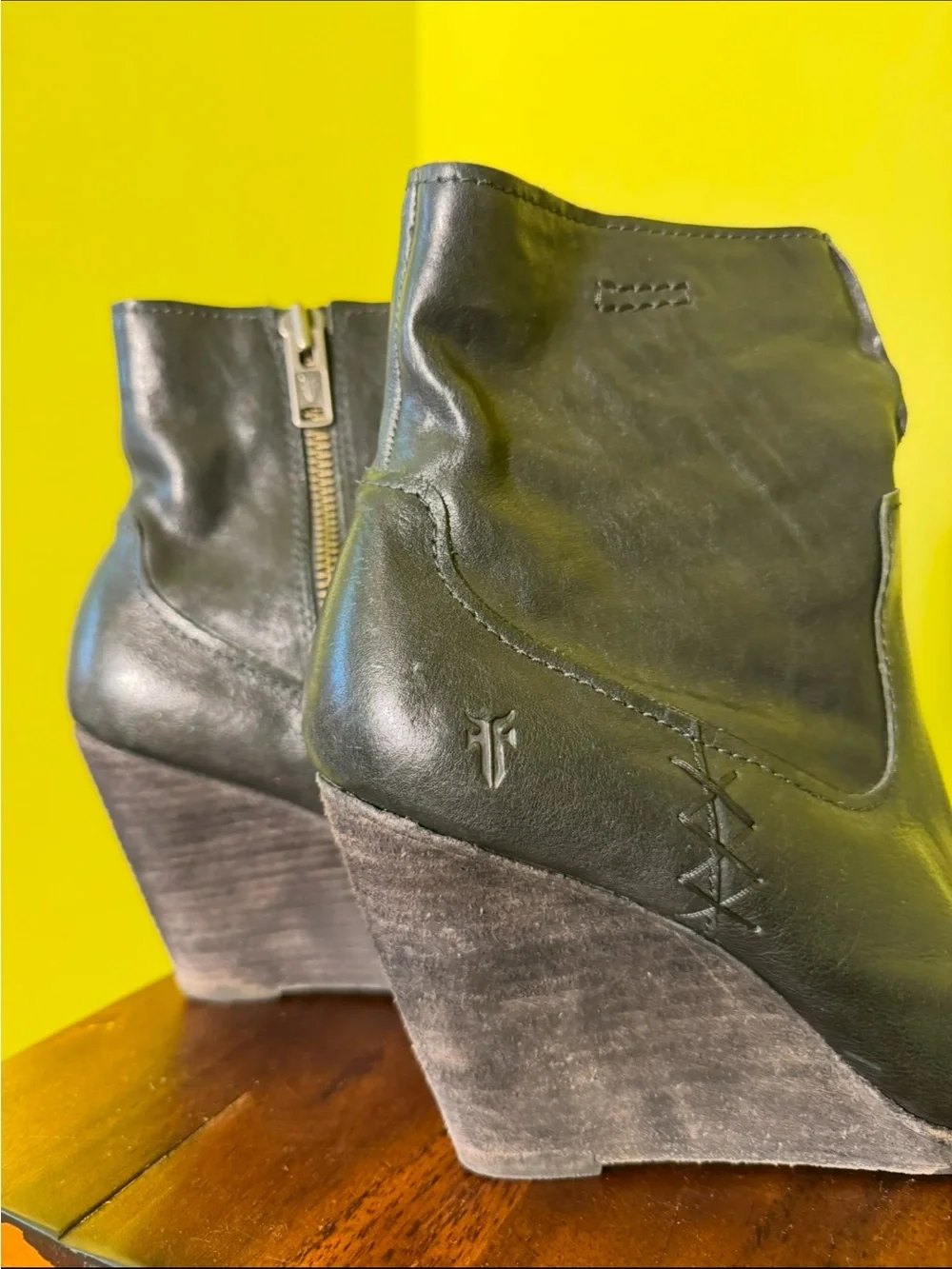 Frye Black Leather Wedge Ankle Boots